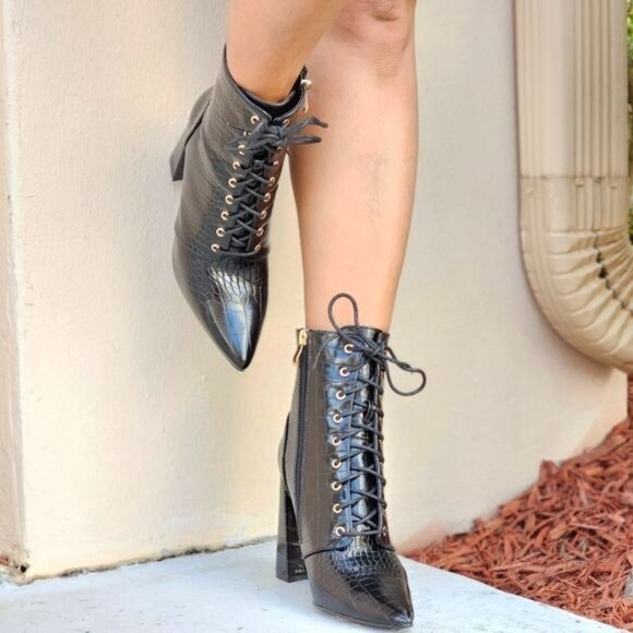 Women's Pointed Toe Chunky High Heel Lace Up Boots Black Color - Picture 5 of 6
